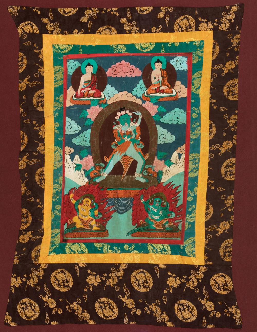 Two Tibetan Thangkas colors and gilt on cloth each with