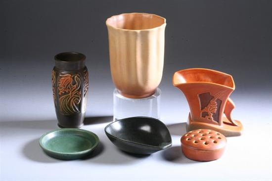 SIX PIECES ROSEVILLE ART POTTERY Various marks Including a tan