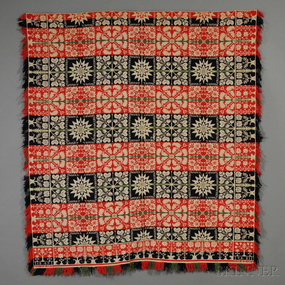 Three color Woven Wool and Cotton Tied Beiderwand Coverlet with