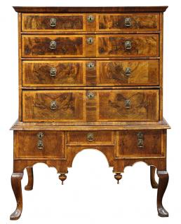 Queen Anne burl walnut chest on frame circa 1740 the
