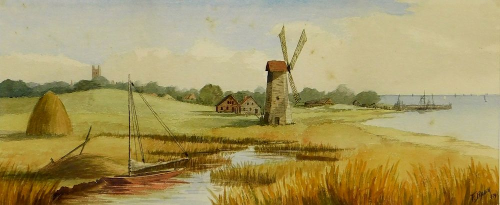 19C Fritz Baer Coastal Landscape Farm Painting Germany 1850 1919