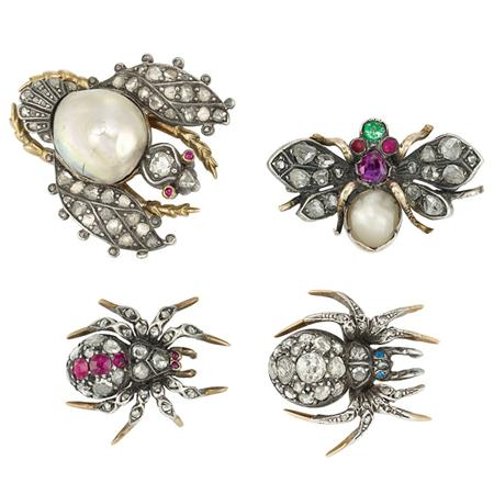 Four Antique Diamond Pearl Ruby and Emerald Bug Pins Estimate