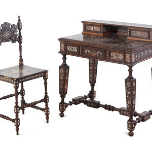 A Moroccan Bone Inlaid Walnut Desk and Chair 20th Century