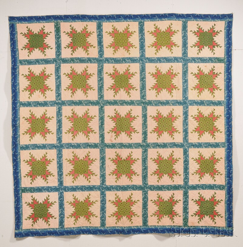Pieced Printed Cotton Feathered Star Pattern Quilt America c 1870