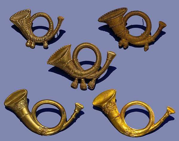 A lot of five die struck hunting horn Infantry cap