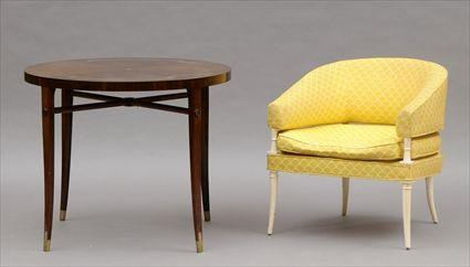 Tommi Parzinger White Painted Upholstered Armchair and Brass Inlaid Table