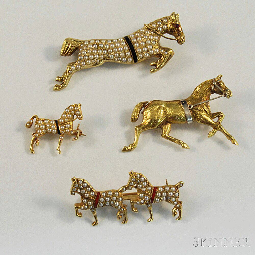 Four Gold and Seed Pearl Horse Brooches a 10kt gold