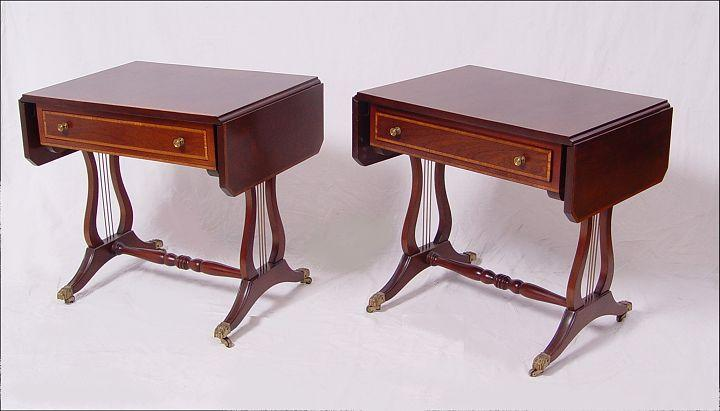 PAIR MAHOGANY DROP LEAF LYRE BASE SIDE TABLES Single drawers