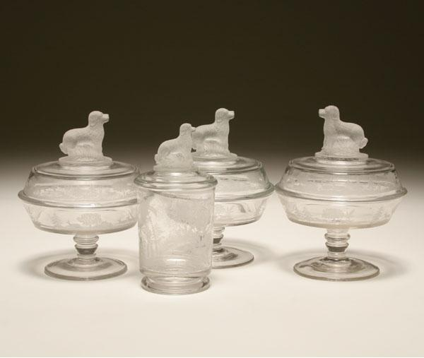 American pattern glass three covered compotes and one marmalade lid