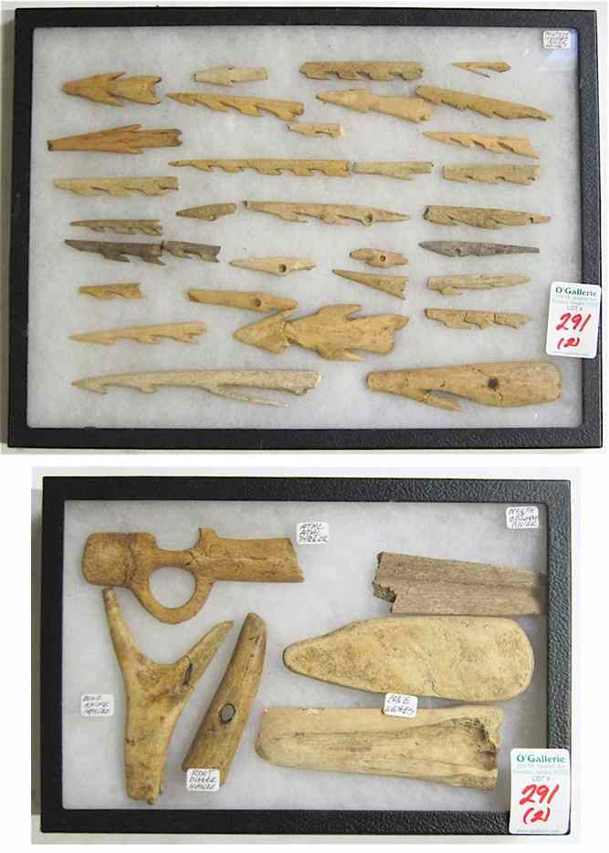 TWO CASED COLLECTIONS OF APPROXIMATELY 36 NATIVE AMERICAN INDIAN BONE