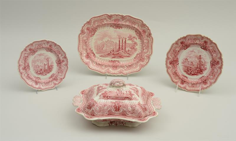 GROUP OF FOUR STAFFORDSHIRE RED TRANSFER PRINTED ARTICLES IN THE
