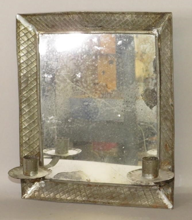 TIN FRAMED TWO CANDLE SHAVING MIRRORca late 19th early 20th