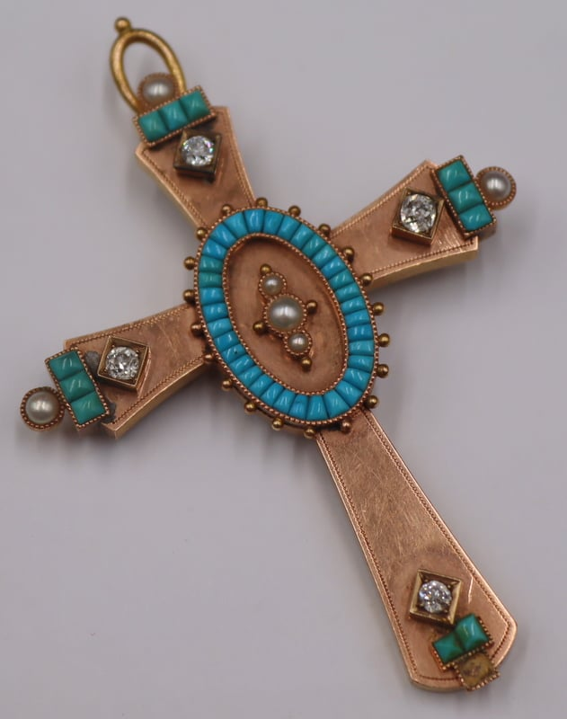 JEWELRY 14KT GOLD DIAMOND TURQUOISE AND PEARL Cross Pendant or