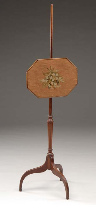 INLAID MAHOGANY POLE SCREEN Cut corner needlework screen with brass