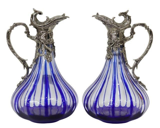 pair French cobalt cut to clear glass wine ewers claret
