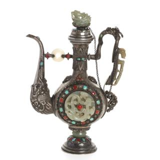 Tibetan or Mongolian jade mounted silver teapot Tibetan or Mongolian