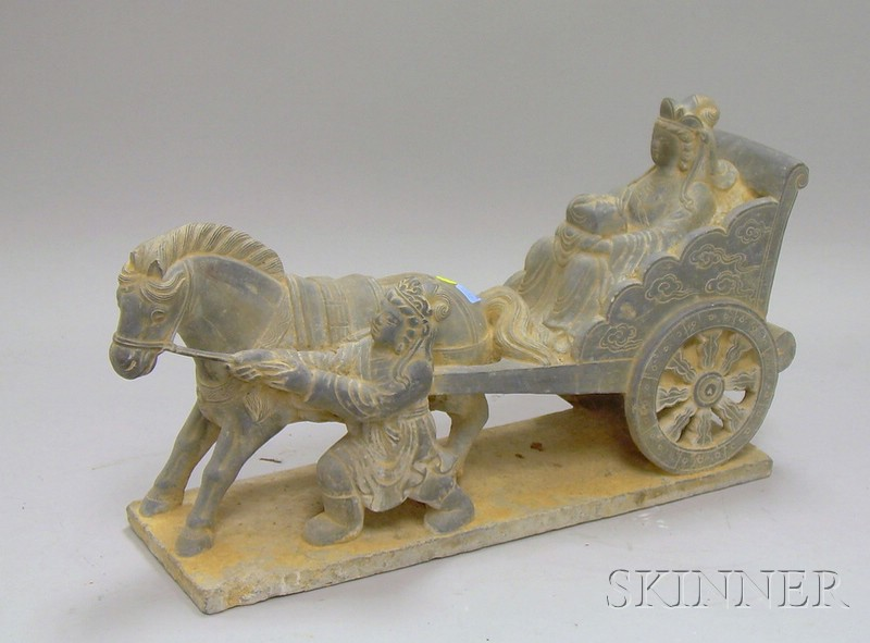 Asian Gray Stone Chariot seated figure holding a gift with