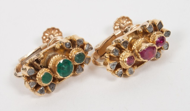 Pair of Mughal gold and colored stone earrings one set