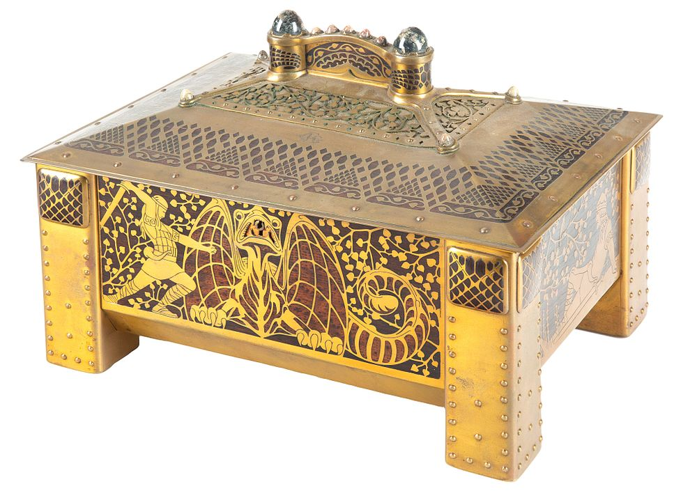 A GERMAN WOOD INLAID BRASS JEWELRY BOX MANNER OF ERHARD