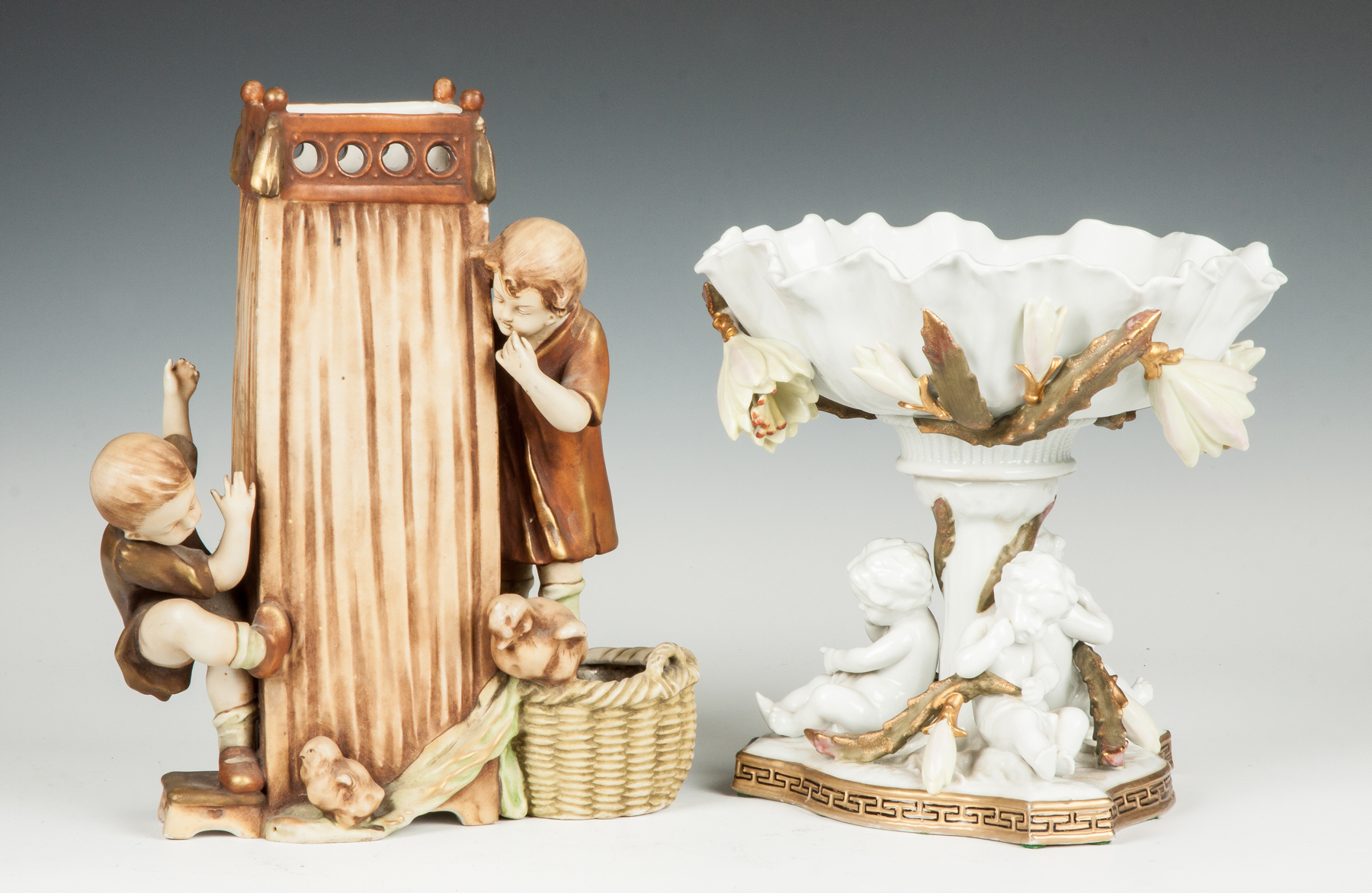 Porcelain Compote with Cherubs Flowers 19th cent