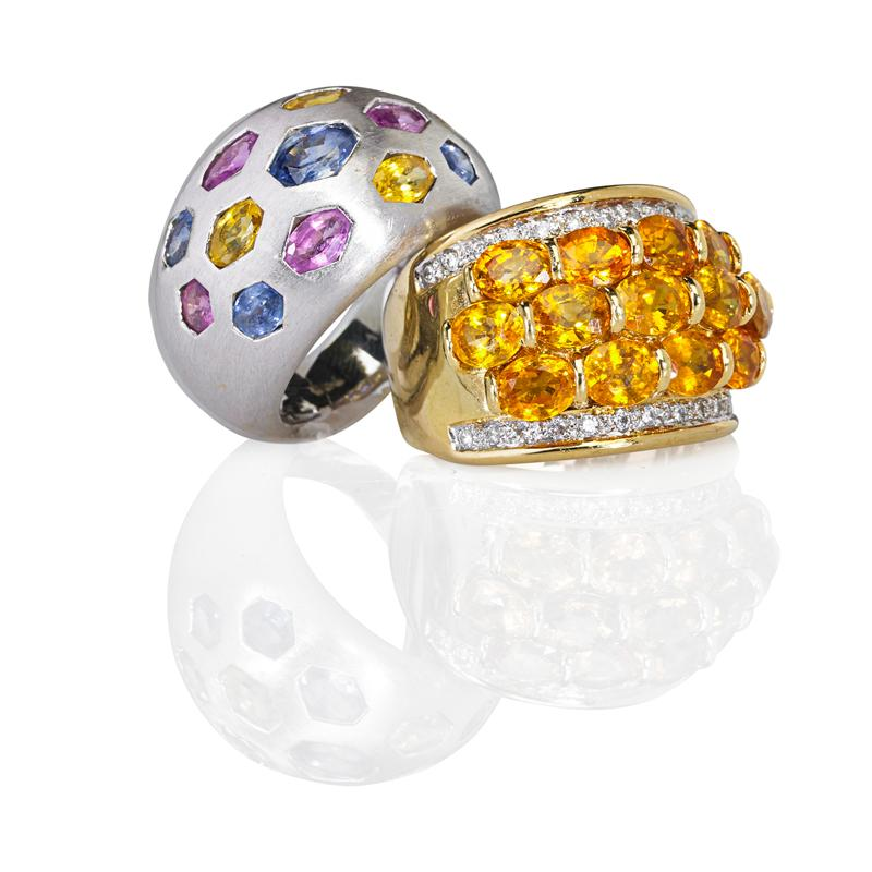 TWO FANCY COLOR SAPPHIRE 18K GOLD RINGS Condition Report