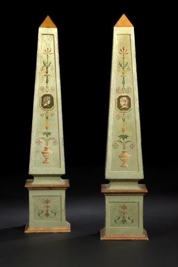 Large Pair of French Polychromed and Parcel Gilt Wooden Obelisks