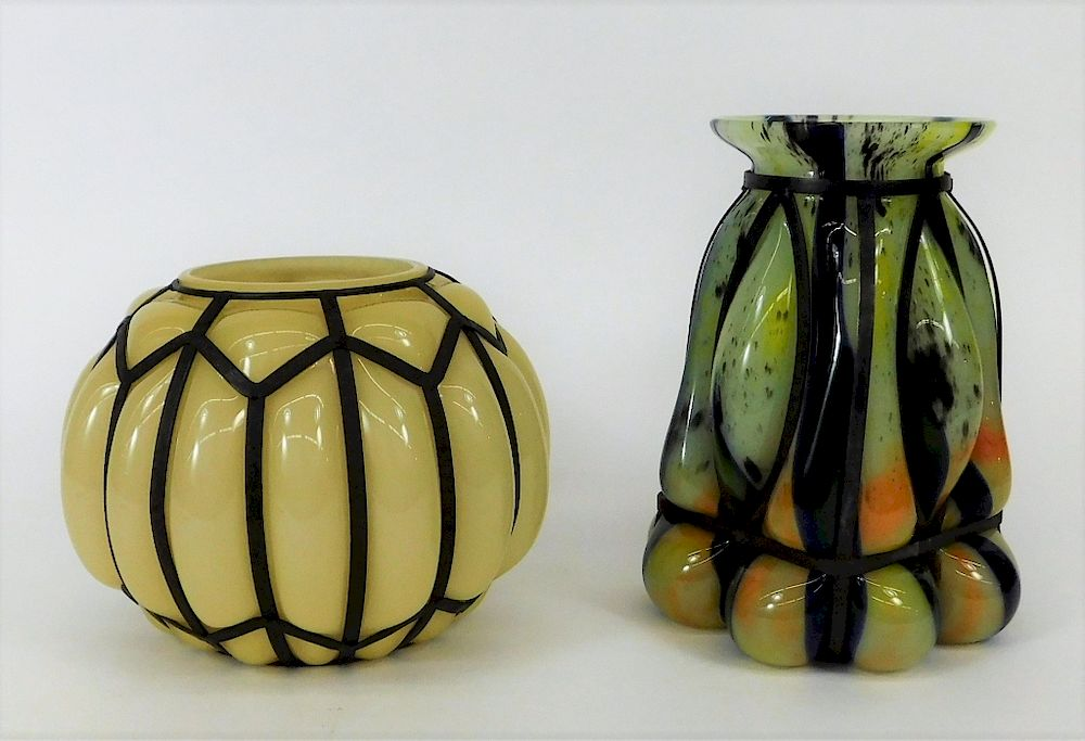 2 Kralik Bohemian Caged Blown Out Art Glass Vases Bohemia