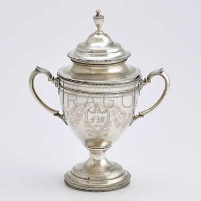 GEORGE SHARP COIN SILVER COVERED TROPHY CUP Two handled urn