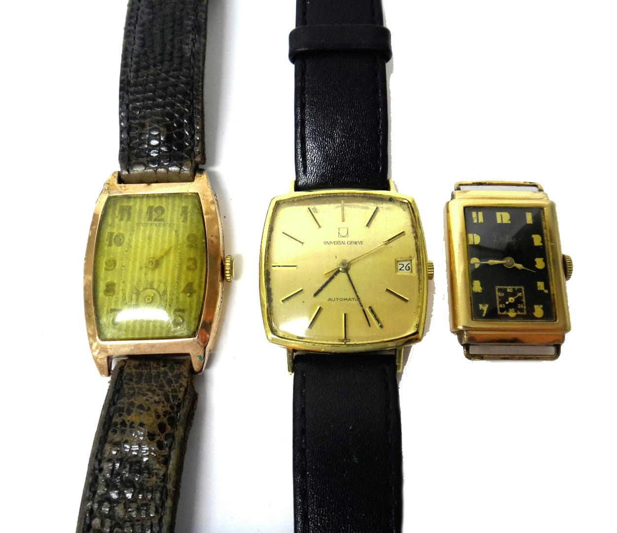 A gentleman s gold curved square cased Universal Geneve Automatic
