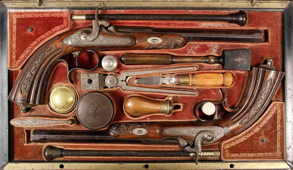 CASED SET DUELING TARGET PISTOLS Mid 19th c French Cased