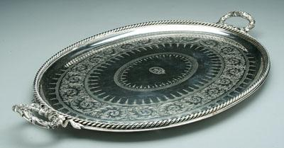 Sheffield oval silver plated tray applied rope border two handles