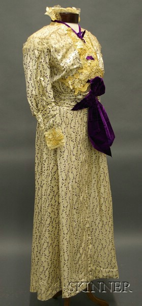 Late 19th Early 20th Century Printed Silk and Lace Embellished