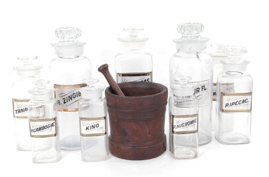 Apothecary jars and mortar with pestle late 19th century labeled