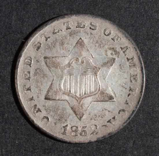 Four United States silver three cent pieces 1852 EF 40