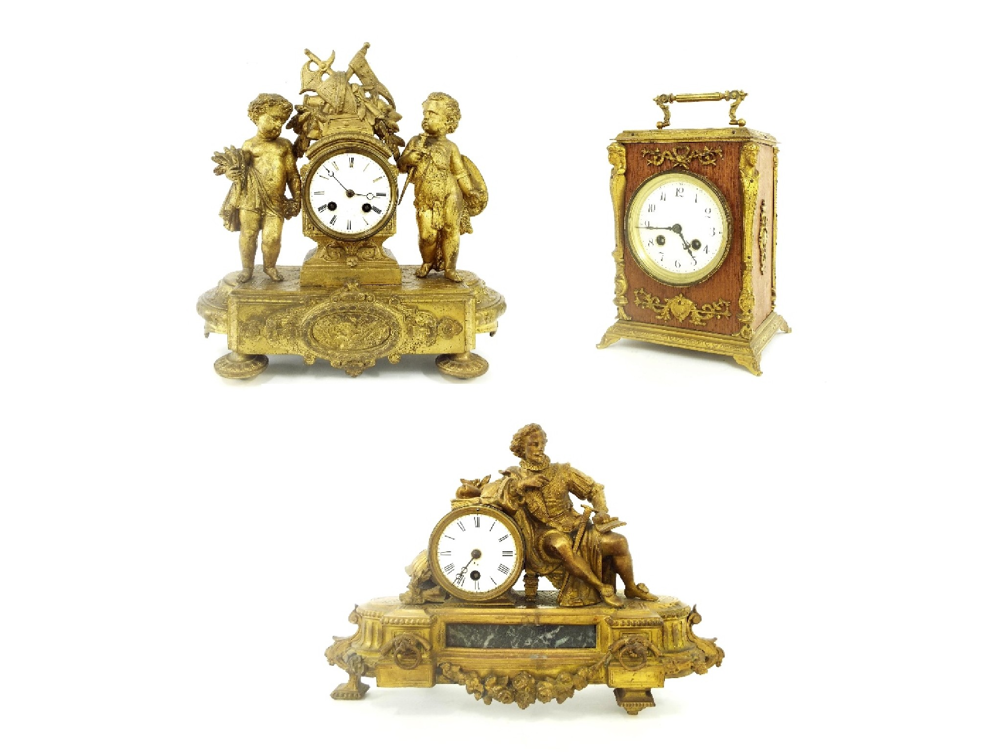 Gilded spelter two train mantel clock modelled as standing cherubs