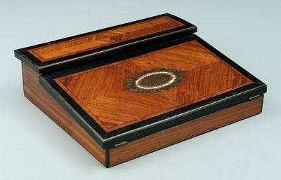 Inlaid lap desk bookmatched figural wood brass and mother of