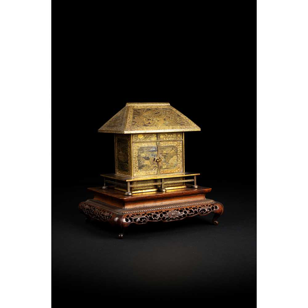 FINE INLAID IRON CABINET MODELLED AS A HOUSE BY THE