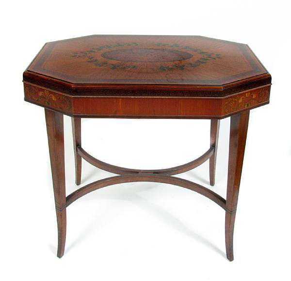 An Edwardian paint decorated octagonal center table height 29in width