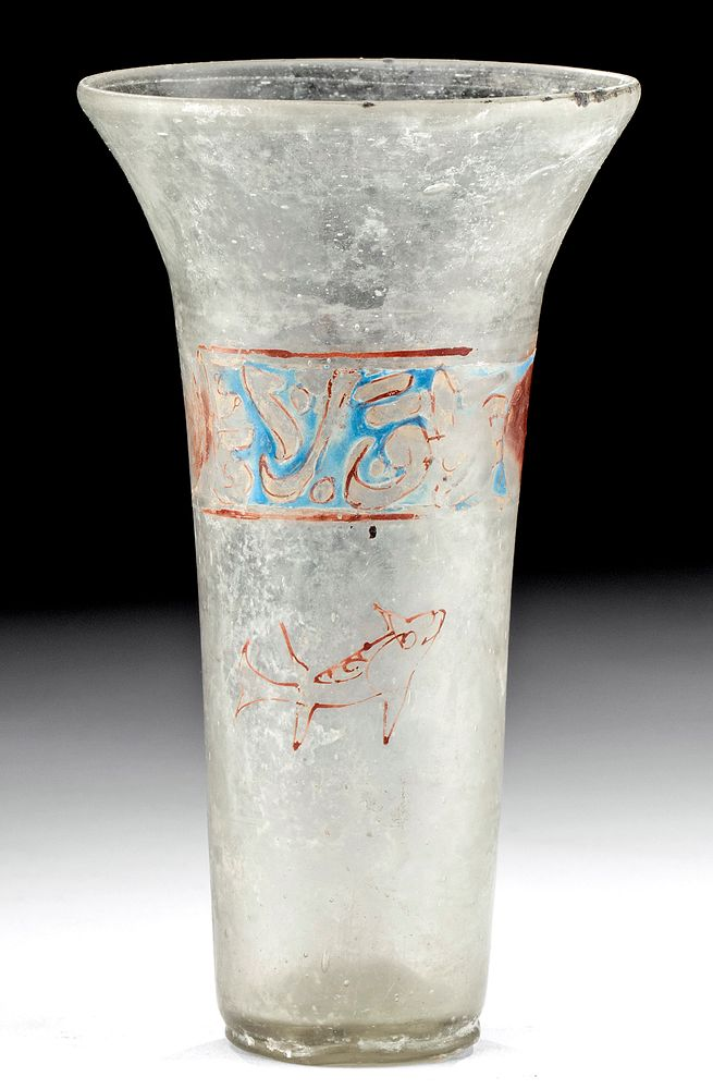 13th C Islamic Enamel Decorated Glass Beaker Shark Ancient Near