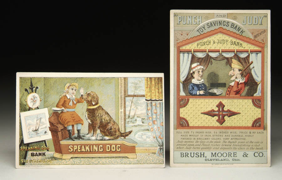 LOT OF TWO MECHANICAL BANK TRADE CARDS Including a multi