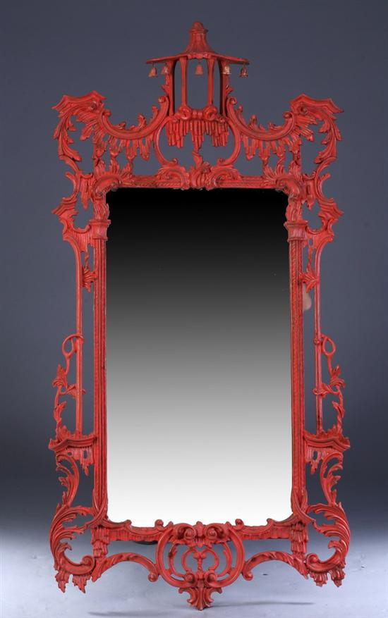 CHINESE CHIPPENDALE STYLE CARVED MIRROR 20th century With red paint