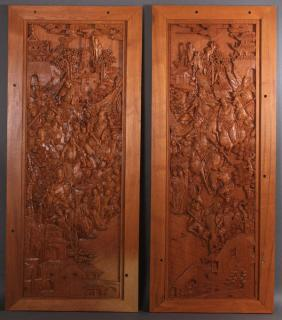 6 CHINESE CARVED SCENIC WOOD PANELS A GROUP OF SIX