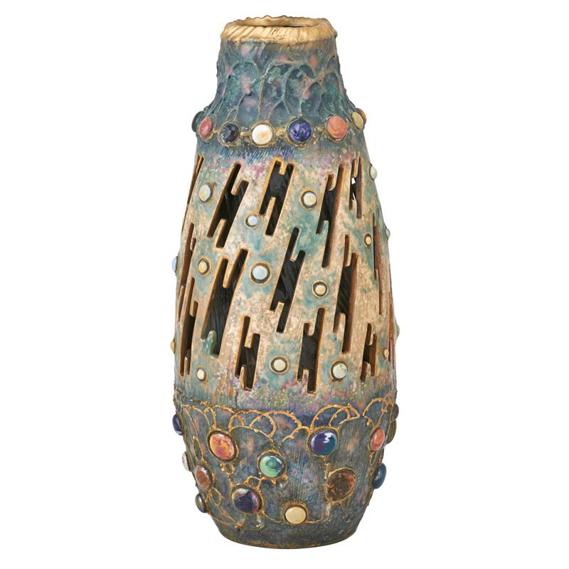 AUSTRIAN JEWELED AMPHORA VASE Reticulated design with gilded rim and