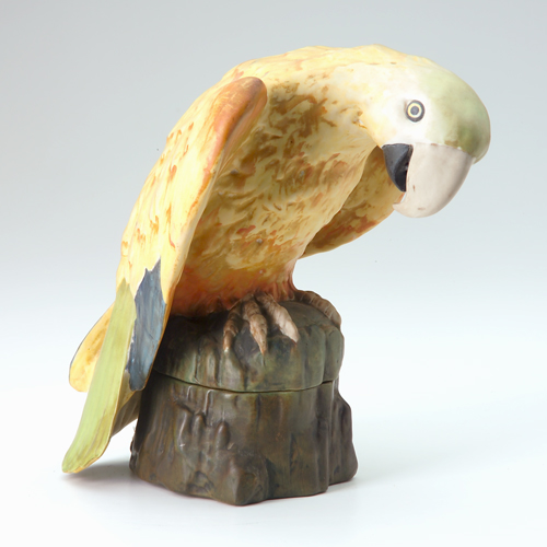Fulper parrot lamp in porcelain with yellow and green matte