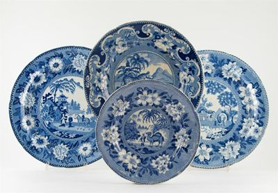 Six blue and white plates printed with camels elephants and