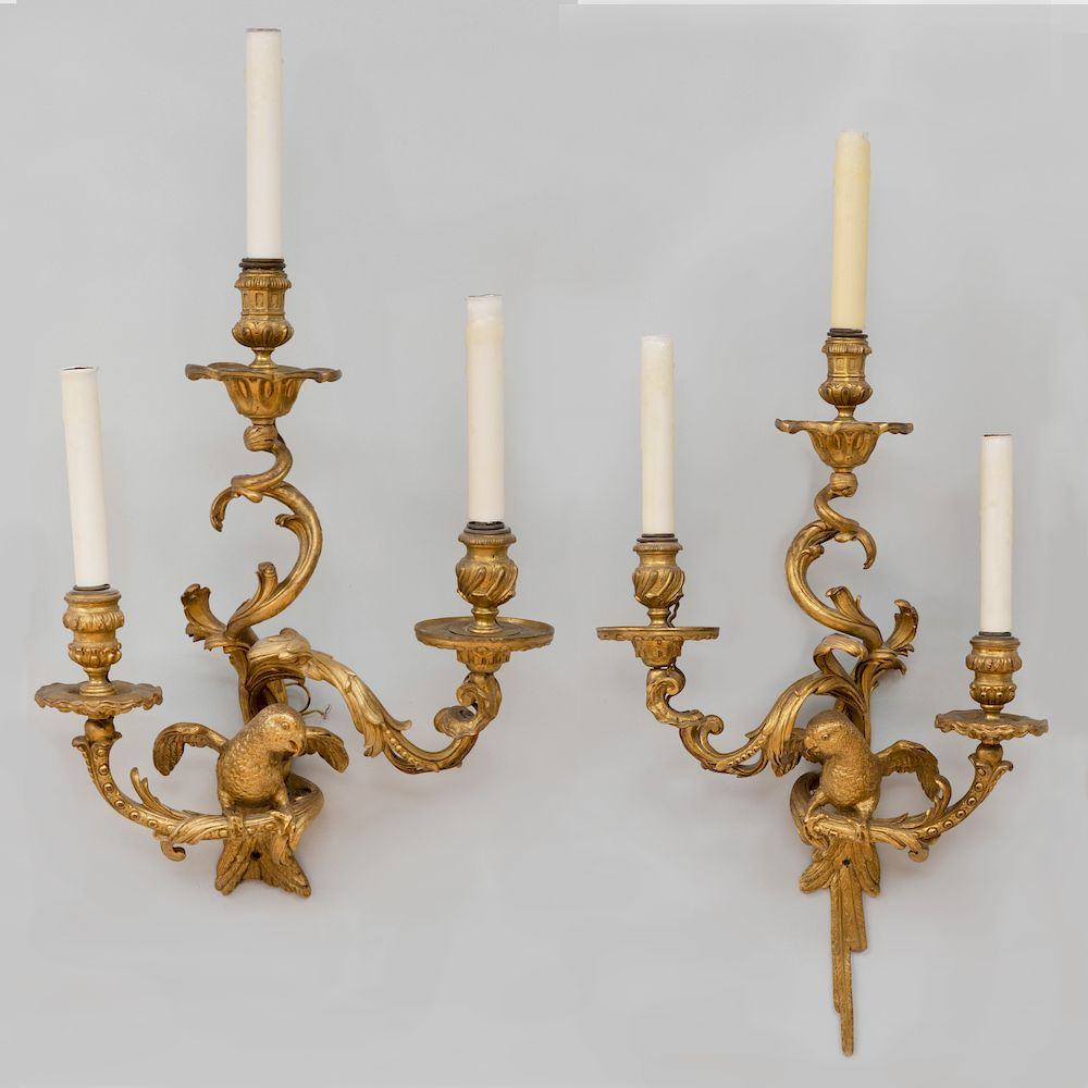 Pair of Louis XV Ormolu Three Light Sconces Each fitted