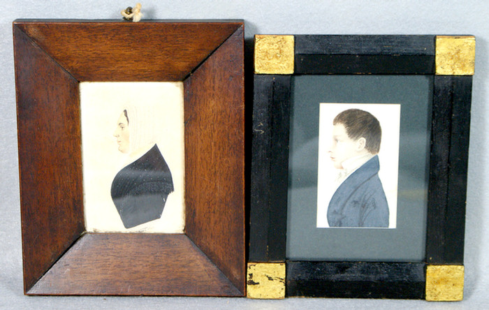 2 folk art miniature watercolor portraits woman in profile signed
