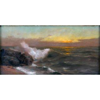 19th Century American School Ocean Waves Oil on Canvas 19th