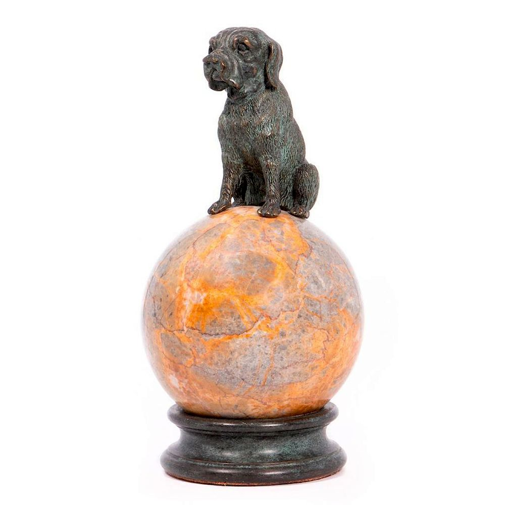 Bronze dog on marble stand A late 19th early 20th