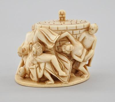 A Japanese Erotic Lidded Carved Ivory Box Carved ivory with